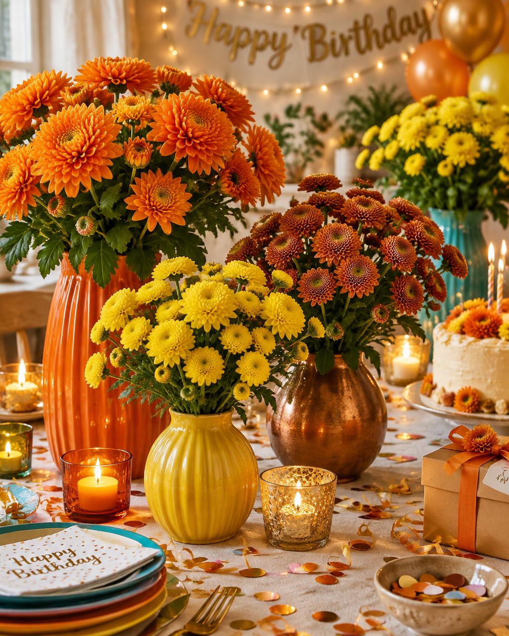 Birthday celebrations styled with chrysanthemums