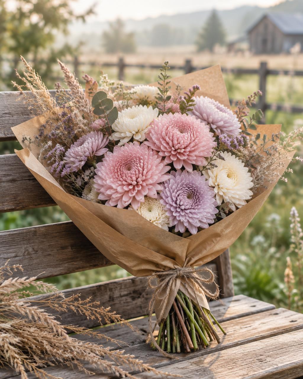 Boho bouquets styled with chrysanthemums