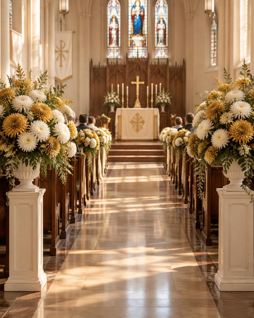 Church services styled with chrysanthemums