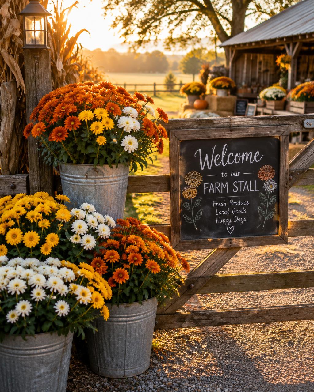 Farm stall welcome styled with chrysanthemums