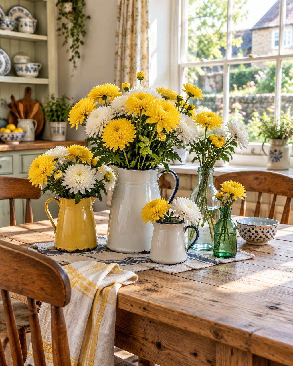 Farmhouse kitchens styled with chrysanthemums