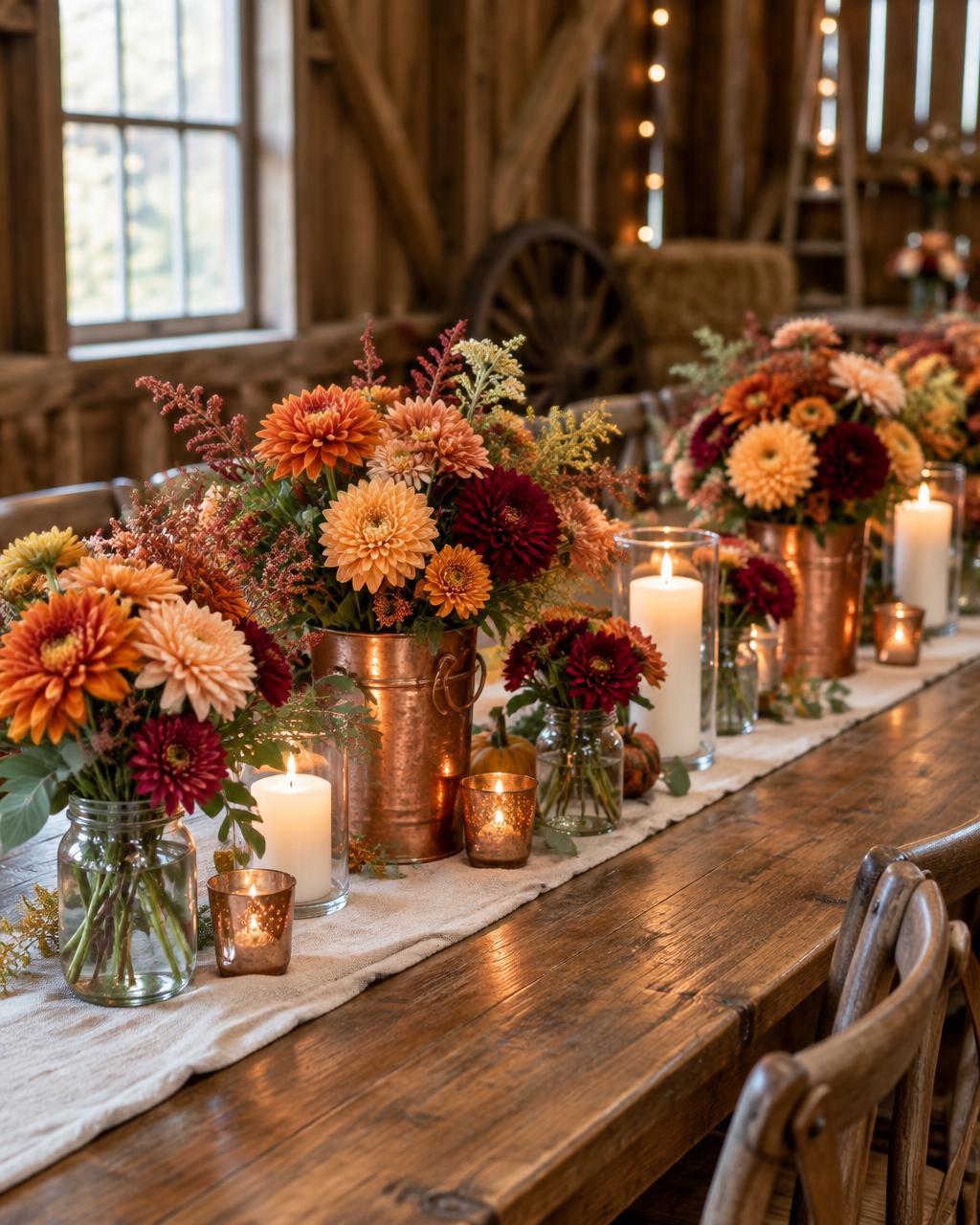 Harvest tables styled with chrysanthemums