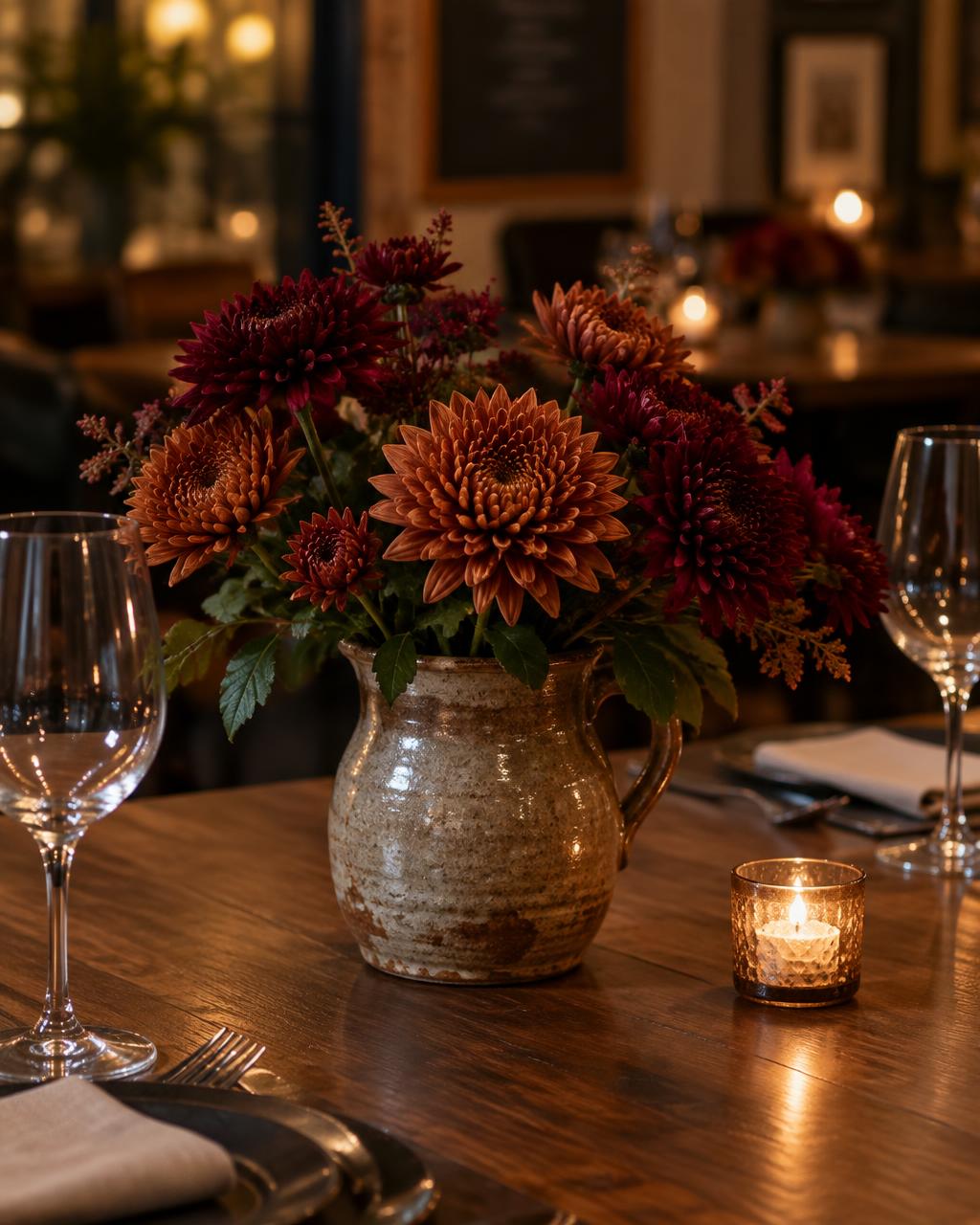Restaurant tables styled with chrysanthemums